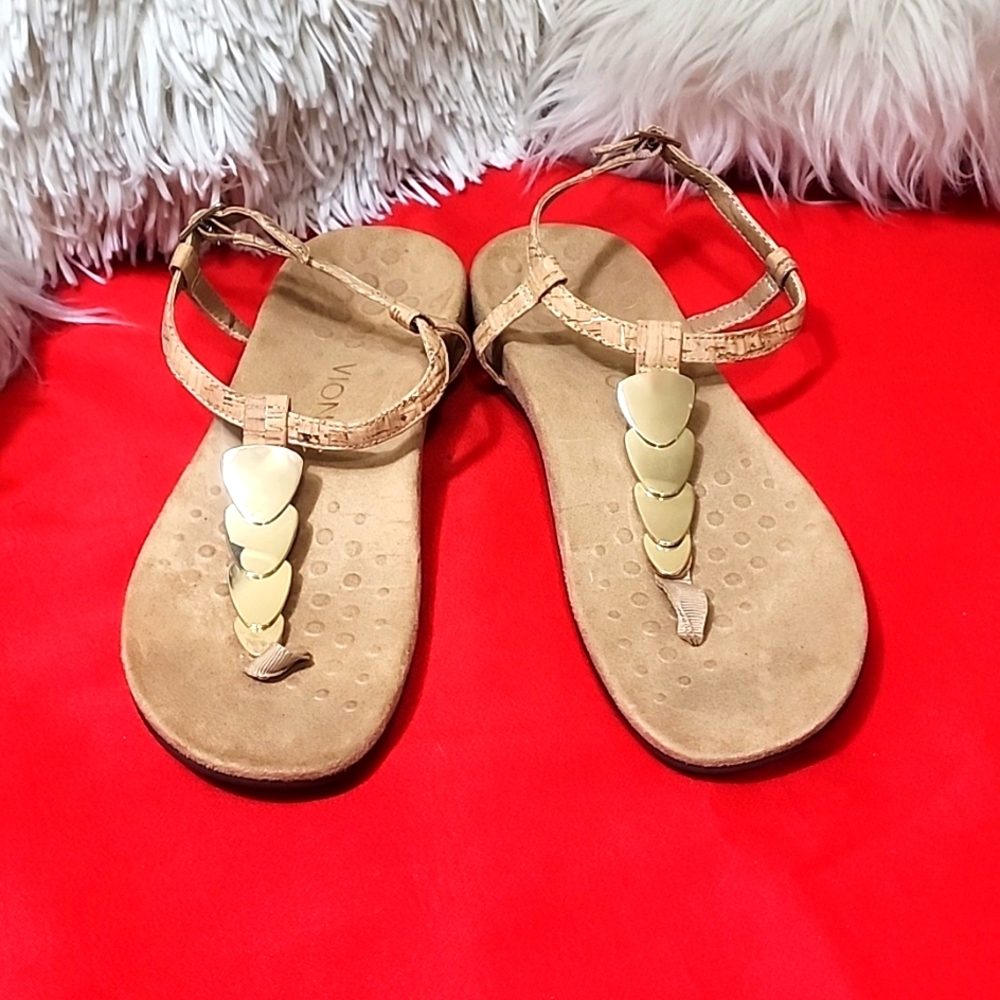 Vionic Tan Beige Thong Sandals with Gold Accents